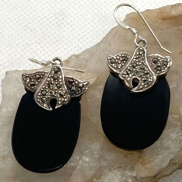 Vintage Black Stone Marcasite Accent‎ Dangle Drop Sterling 925 Silver 11.9g - Picture 1 of 8